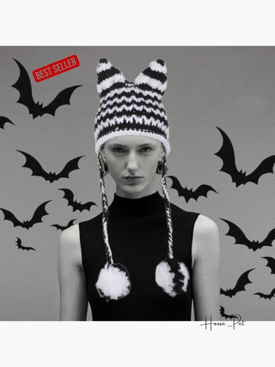 Cat Ear Beanie with Ear Flap Pompom Y2K Gothic Handmade Crochet Beanie for Women main image 5